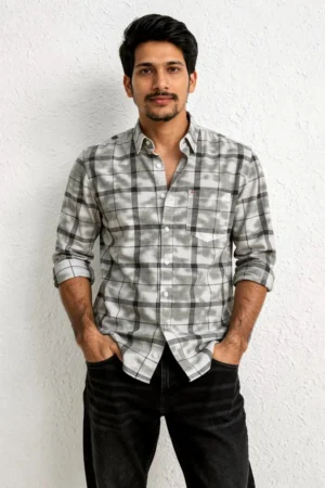 men heavy cotton 3/1 twill printed shirt double shoulder slim fit grey casual shirt