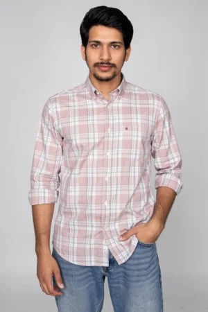 millmade dobby checks and stripes shirt men pink front view