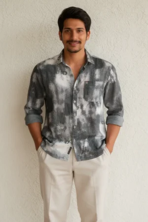 premium twill cotton urban mist wash printed shirt for men front view